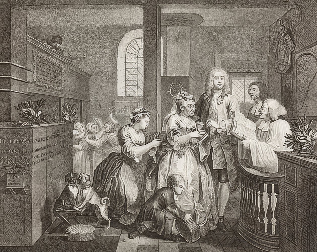 S İlerleme, Levha 5: Yaşlı Bir Kadınla Evlenen Tırmık / Bir Felaket Yolu, Sayfa 5: Tom Rakewell zengin bir yaşlı kadınla evlenir). 1735 by William Hogarth
