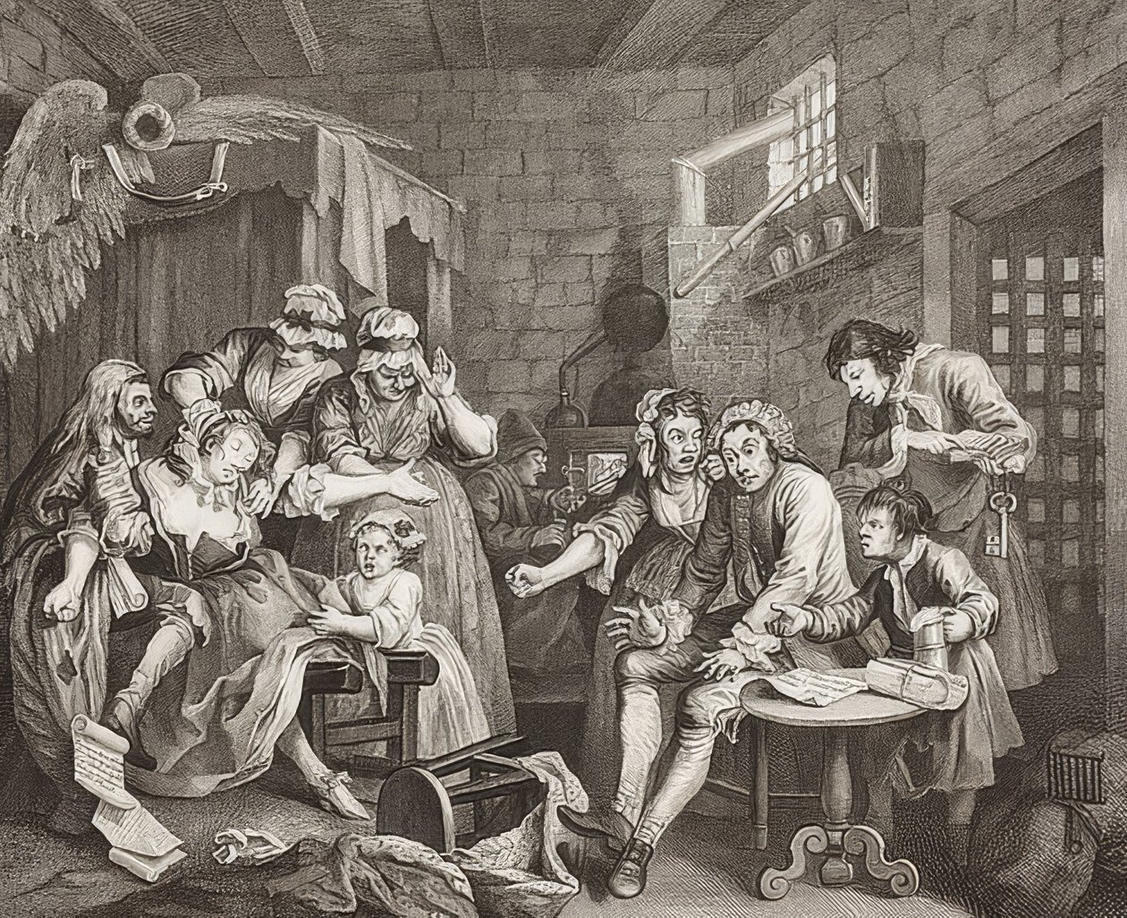 S İlerleme, Plaka 7: Hapishanedeki Tırmık / Bir Ayrıntı Yolu, Sayfa 7: Hapishanede Tom Rakewell. 1735 by William Hogarth