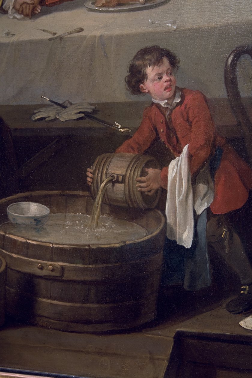 Dikkati dağılmış bir scullion, yarım fıçı pis slop üzerine bir fıçı konyak döküyor, An Election, Scene I, An Election Entertainment, 1744-45