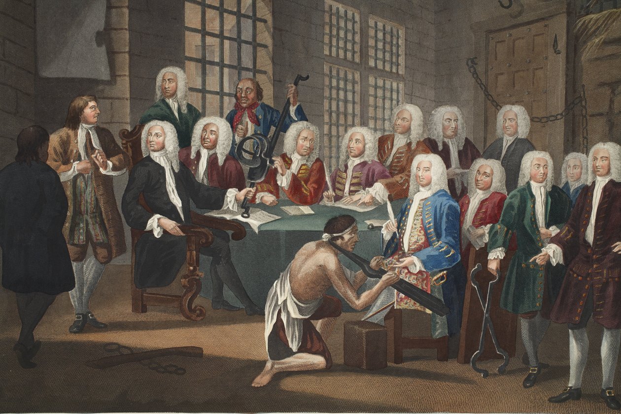 Bambridge, Avam Kamarası komitesi tarafından cinayetten yargılanıyor, 'Hogarth Restore Edildi: Thomas Cook tarafından yeniden oyulmuş ünlü William Hogarth'ın Bütün Eserleri'nden bir örnek, pub. 1812 (el boyaması gravür) by William Hogarth