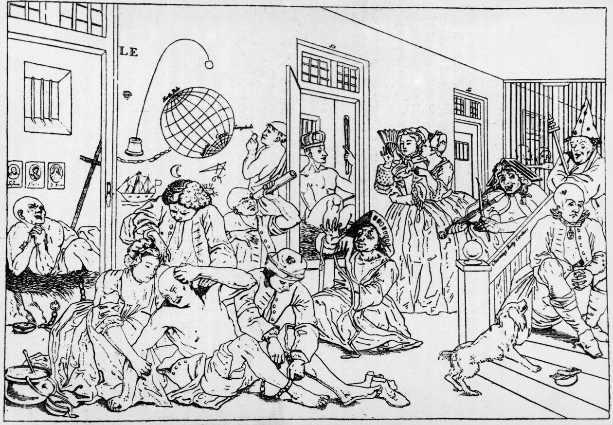Bedlam akıl hastanesi, William Hogarth (1697-1764) tarafından seri tırmık ilerlemesinden gravür by William Hogarth