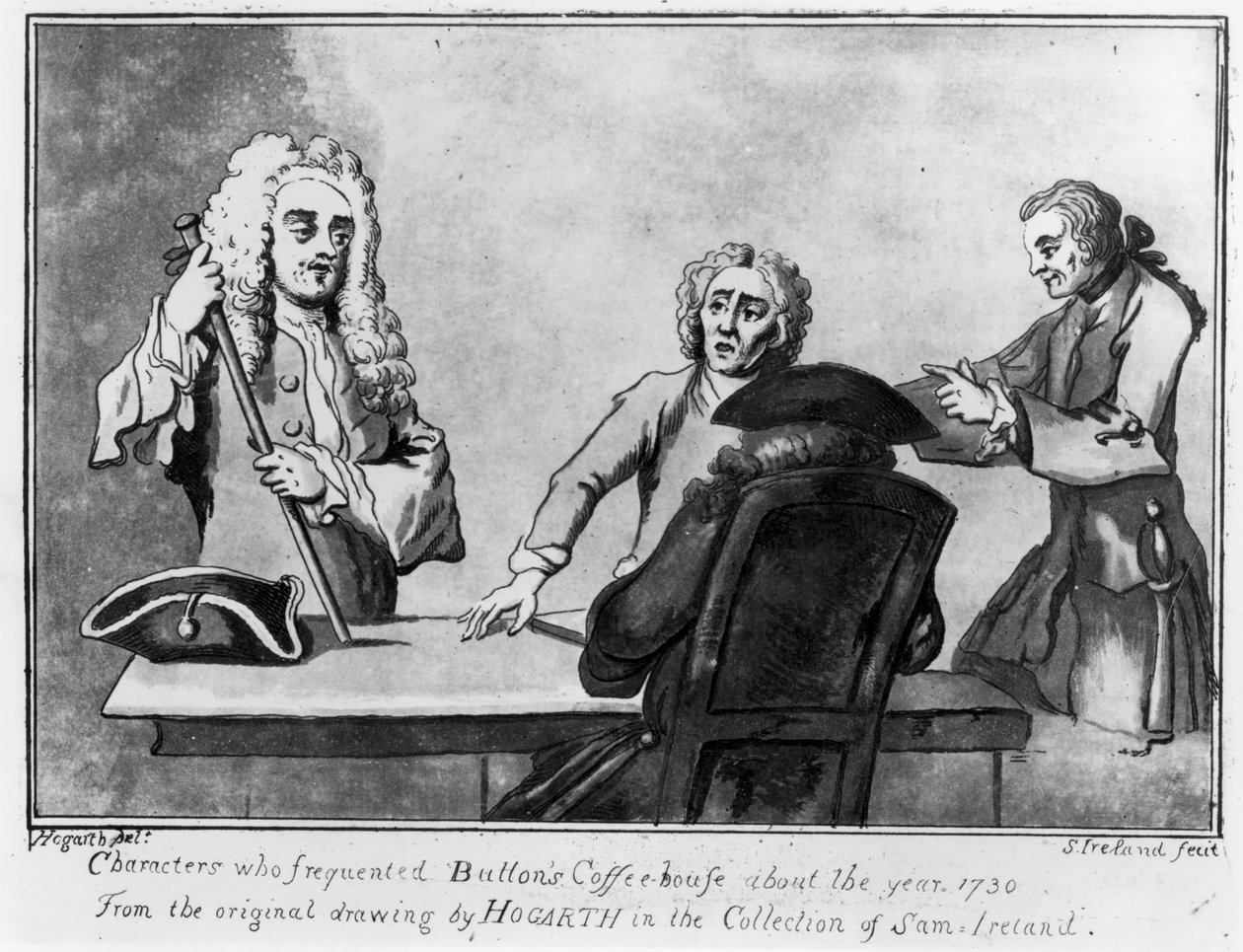 Düğmeler Kahve Evi, 1730 (kalem ve mürekkep ve kağıt üzerinde yıkama) by William Hogarth