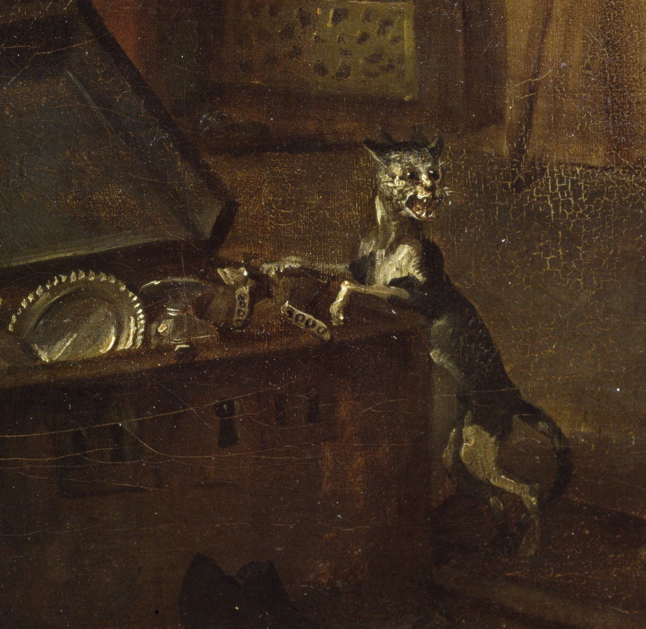 Göğüslü kedi, A Rakes Progress I'den detay: The Rake Mülkünü Ele Geçiriyor, 1733 tuval üzerine yağlıboya 72326 detayı by William Hogarth