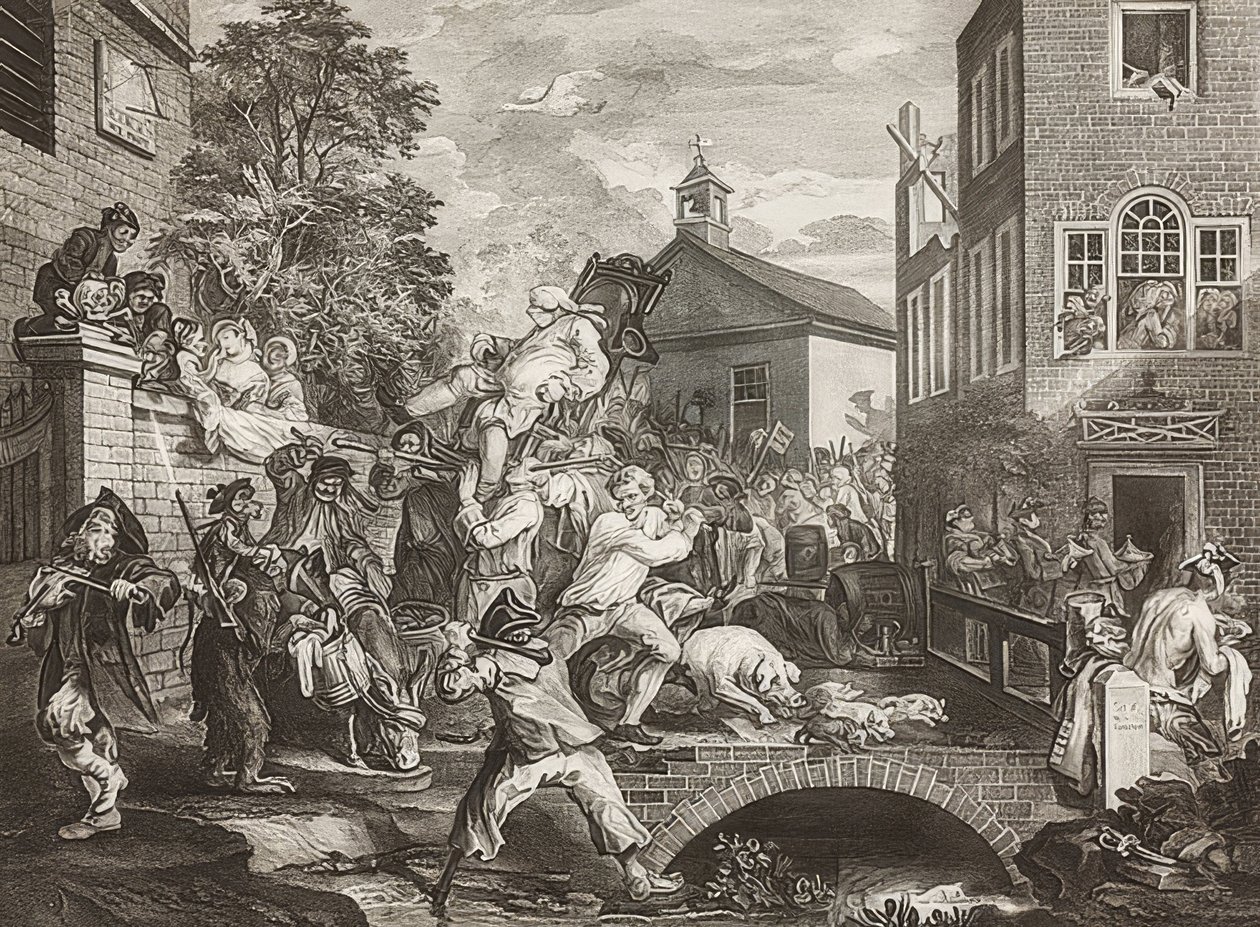 Bir Seçimin Dört Baskısı / Genel Seçimler. Sayfa 4: Üyelere Başkanlık / Milletvekillerinin zafer alayı. 1758 by William Hogarth