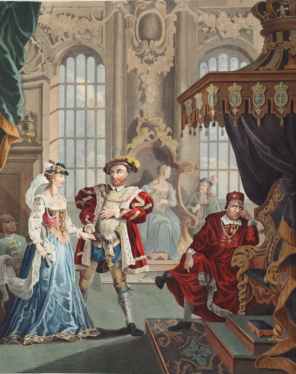 Henry VIII ve Anne Boleyn, 'Hogarth Restore Edildi: Ünlü William Hogarth'ın Bütün Eserleri, Thomas Cook tarafından yeniden oyulmuş', pub. 1812 (el boyaması gravür) by William Hogarth