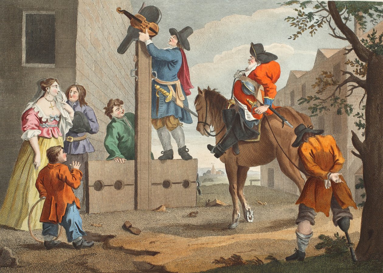Hudibras Triumph'ta Crowdero'ya liderlik ediyor, Samuel Butler'ın (1612-80) 'Hudibras'ından, 'Hogarth Restore Edildi: Thomas Cook tarafından yeniden oyulmuş ünlü William Hogarth'ın Bütün Eserleri'nden bir örnek, pub. 1812 (e by William Hogarth