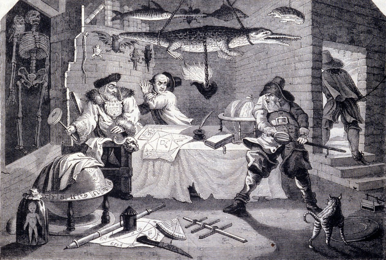Hudribas, astrolog Sidrophel ve uşağı Whacum'a saldırır. William Hogarth (1697-1764) tarafından Samuel Butler'ın (17. yüzyıl) “Hubridas” şiiri için gravür. yaklaşık 1725 by William Hogarth
