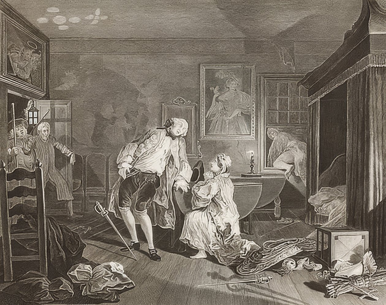 Modaya göre evlilik / modaya göre evlilik. Sayfa 5: Bagnio / Kont bir düelloya düşer. 1745 by William Hogarth