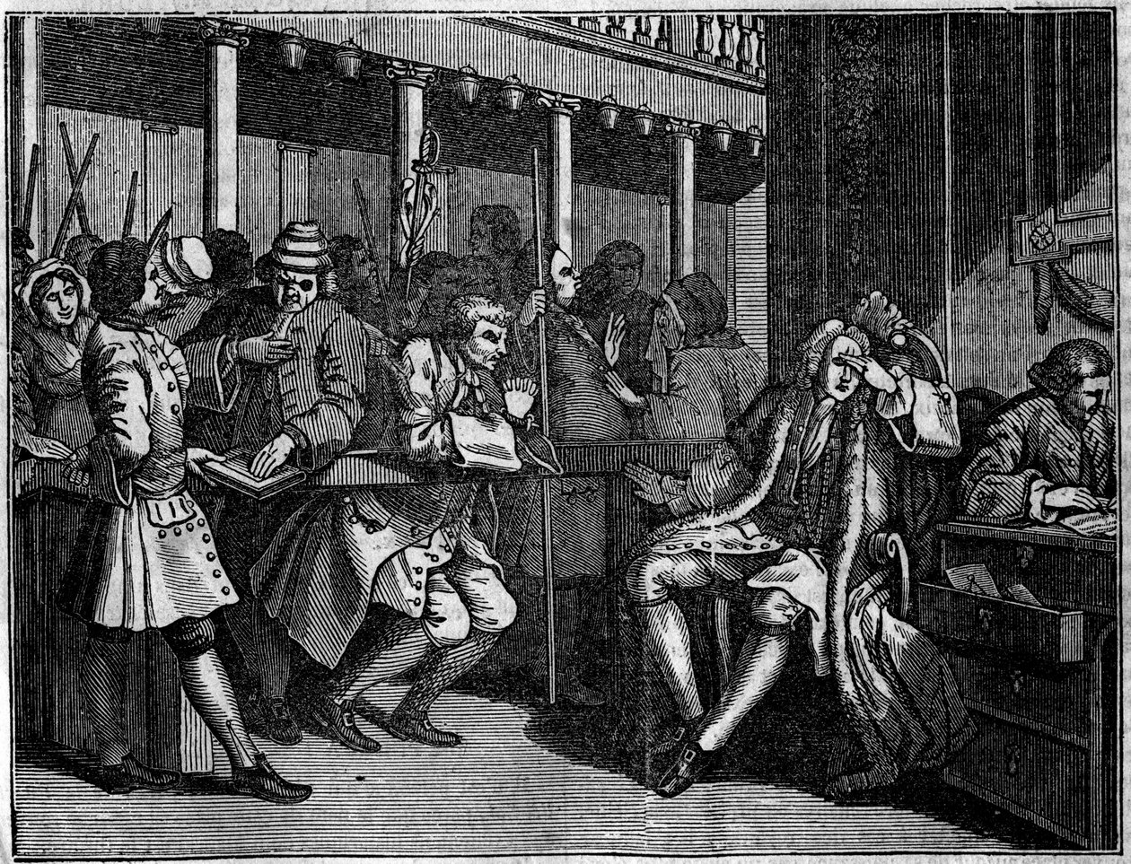 İngiliz illüstratör William Hogarth (1697-1764) tarafından iki çırağın kariyerini anlatan “Endüstri ve Aylaklık”, “Zele ve Tembellik” başlıklı 12 gravür serisinden bir levha: Kötülüklerinden suçlu Thomas Idle Goodchild tarafından yargıç, ju oldu by William Hogarth