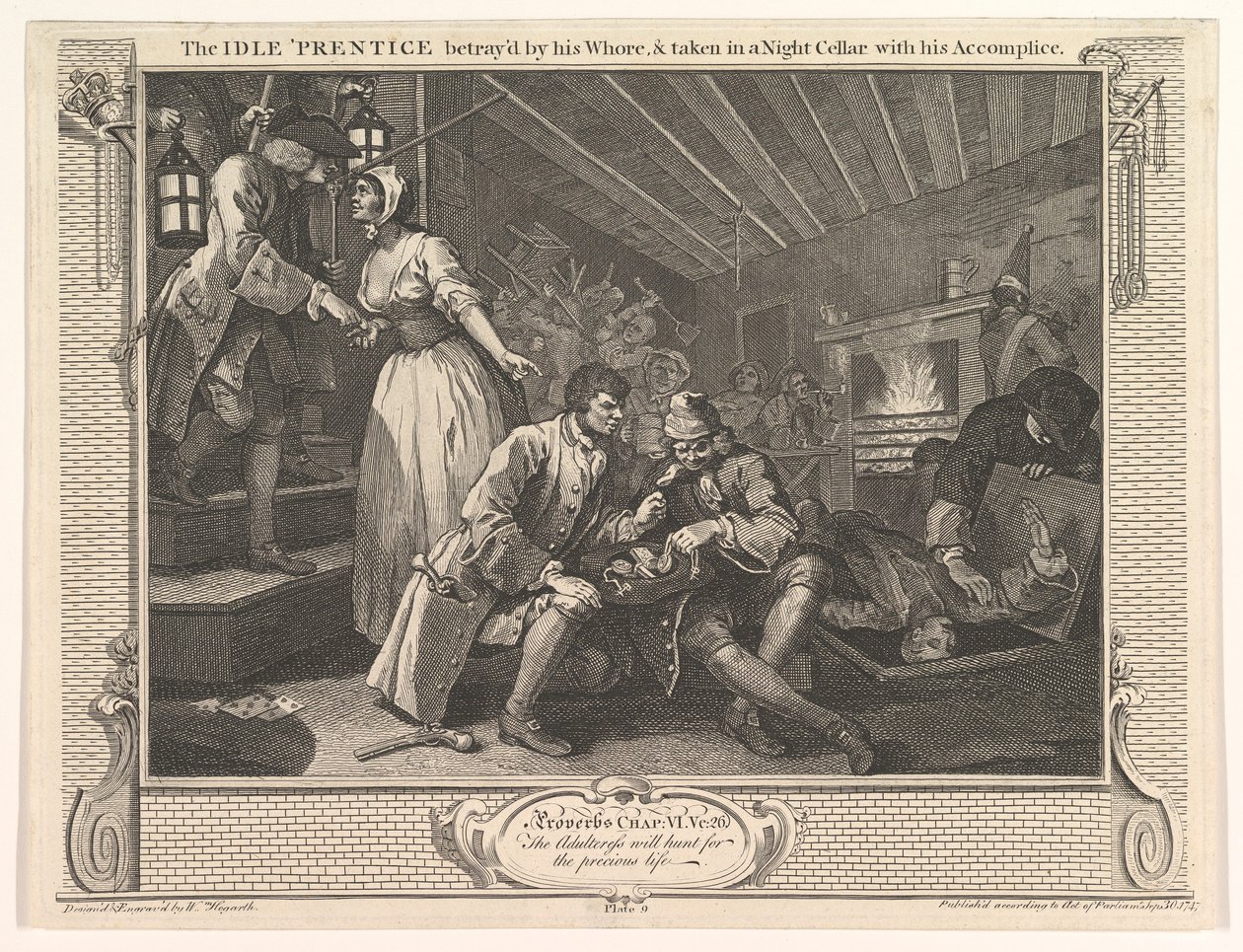 Fahişesi tarafından ihanete uğrayan ve merhaba ile bir gece mahzenine alınan aylak çırak..., 30 Eylül 1747. by William Hogarth