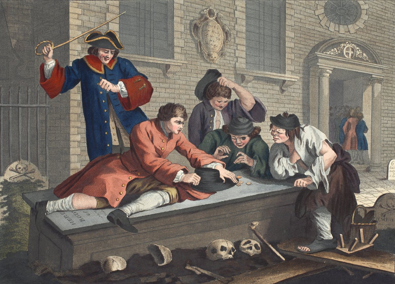 Aylak Çırak, Kutsal Ayinler Sırasında Kilise Avlusunda Oynarken, "Endüstri ve Aylaklık" konulu III. by William Hogarth