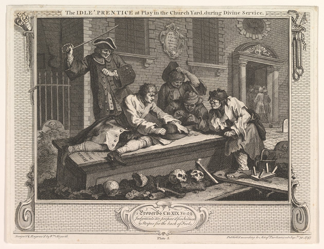 Aylak Çırak, Kilise Bahçesinde Sanayide ve Aylaklıkta Oynarken, levha 3, 30 Eylül 1747. by William Hogarth