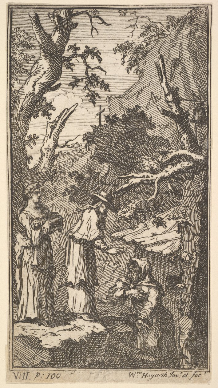 Yeni Metamorfoz, Levha 7: Kardinal, Bir Münzevi ve Donna Angela Holding Fantasio, 1724. by William Hogarth