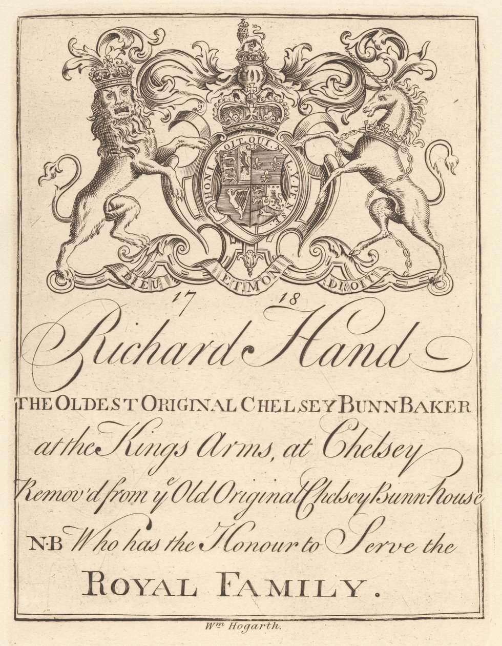 Ticaret Sayfası: Richard Hand, King's Arms Chelsey'deki En Eski Orijinal Chelsey Bunn Baker by William Hogarth