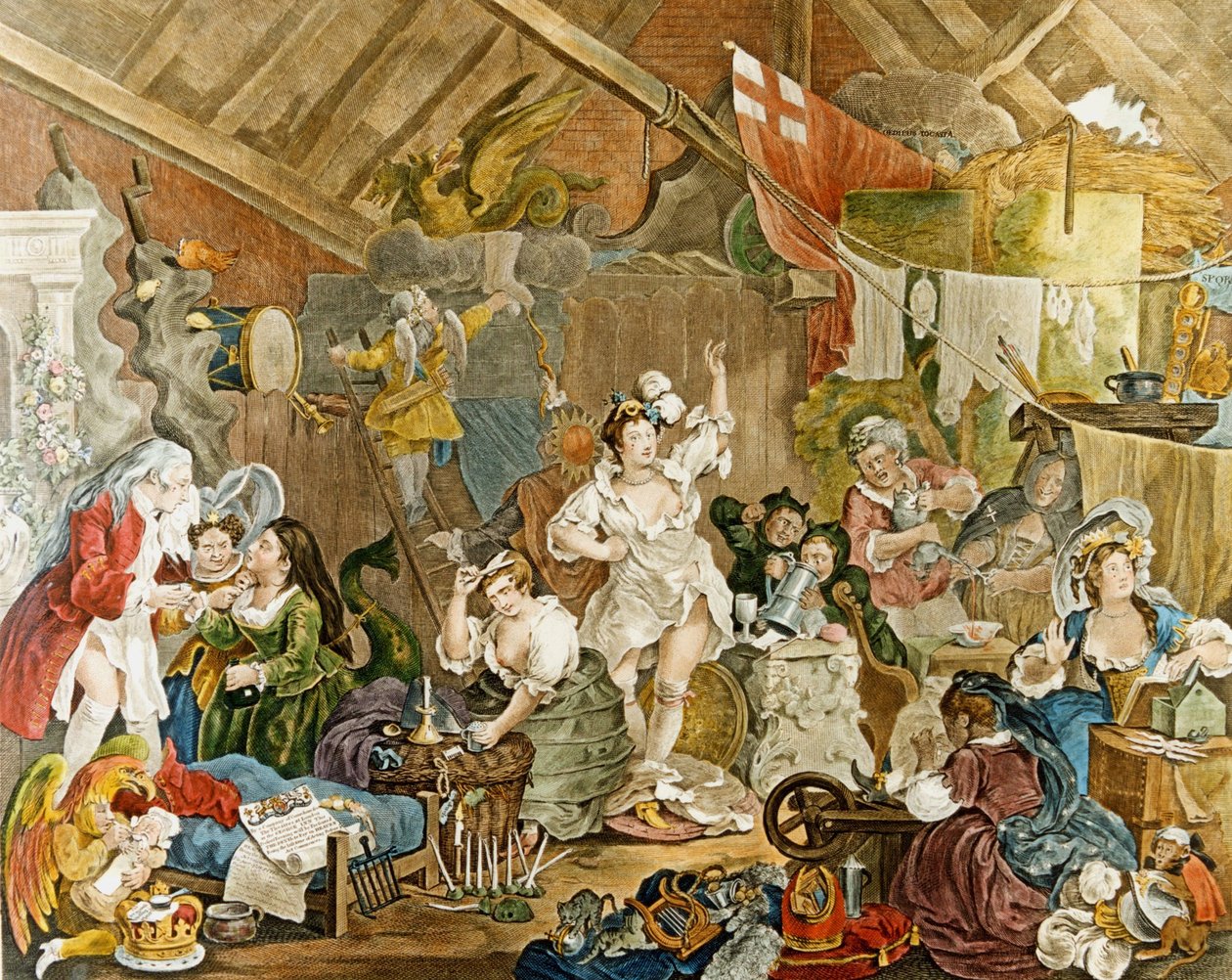 William Hogarth'ın 'Bir Ahırda Giyinen Gezici Kadın Oyuncuları' 1738 by William Hogarth