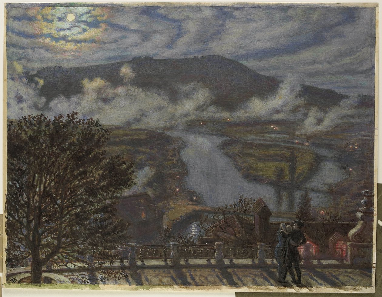 Geceleri nehir manzarasının terasından manzara Teras, Berne (nesnedeki başlık) by William Holman Hunt