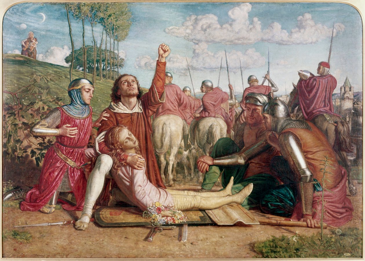 Rienzi, Orsini ve Colonna arasındaki bir çatışmanın kurbanı olan genç kardeşinin ölümü için tazminat almaya yemin eder. by William Holman Hunt