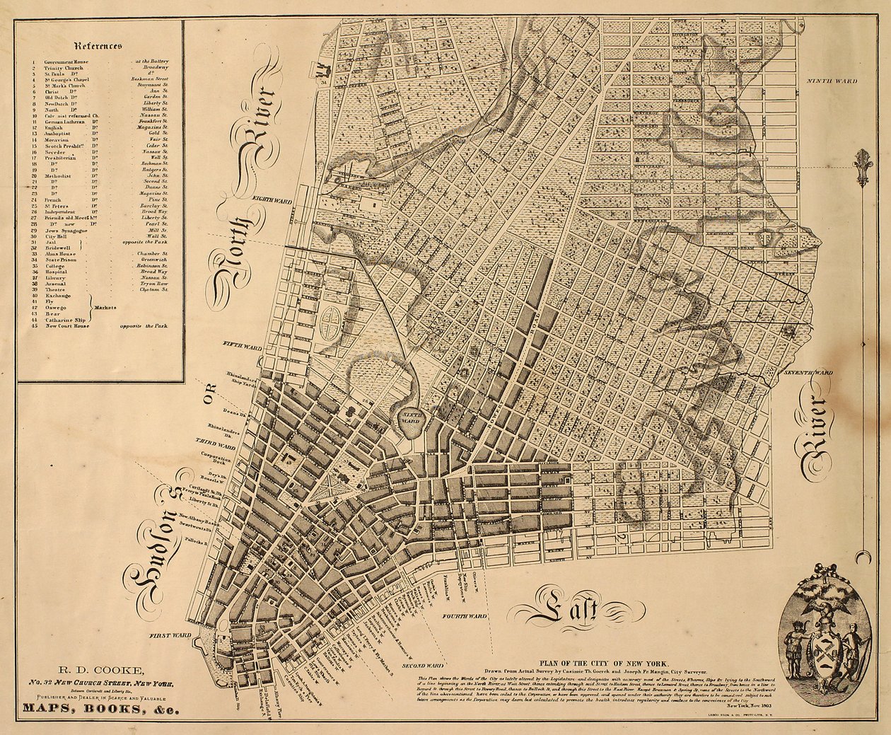New-York Şehri Planı [East 31st Street kadar kuzeyde], 1817 (kağıt üzerine siyah mürekkep, arkası kumaşla kaplı) by William Hooker