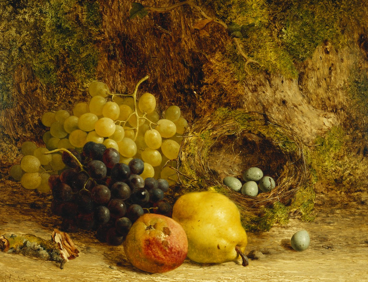Yosunlu Bankada Üzüm, Elma, Armut ve Kuş Yuvası, 1865 by William Hughes