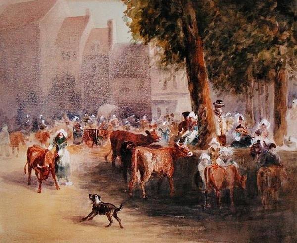 Köy Sığır Pazarında Sabah Erken (kağıt üzerine suluboya) by William Hunt