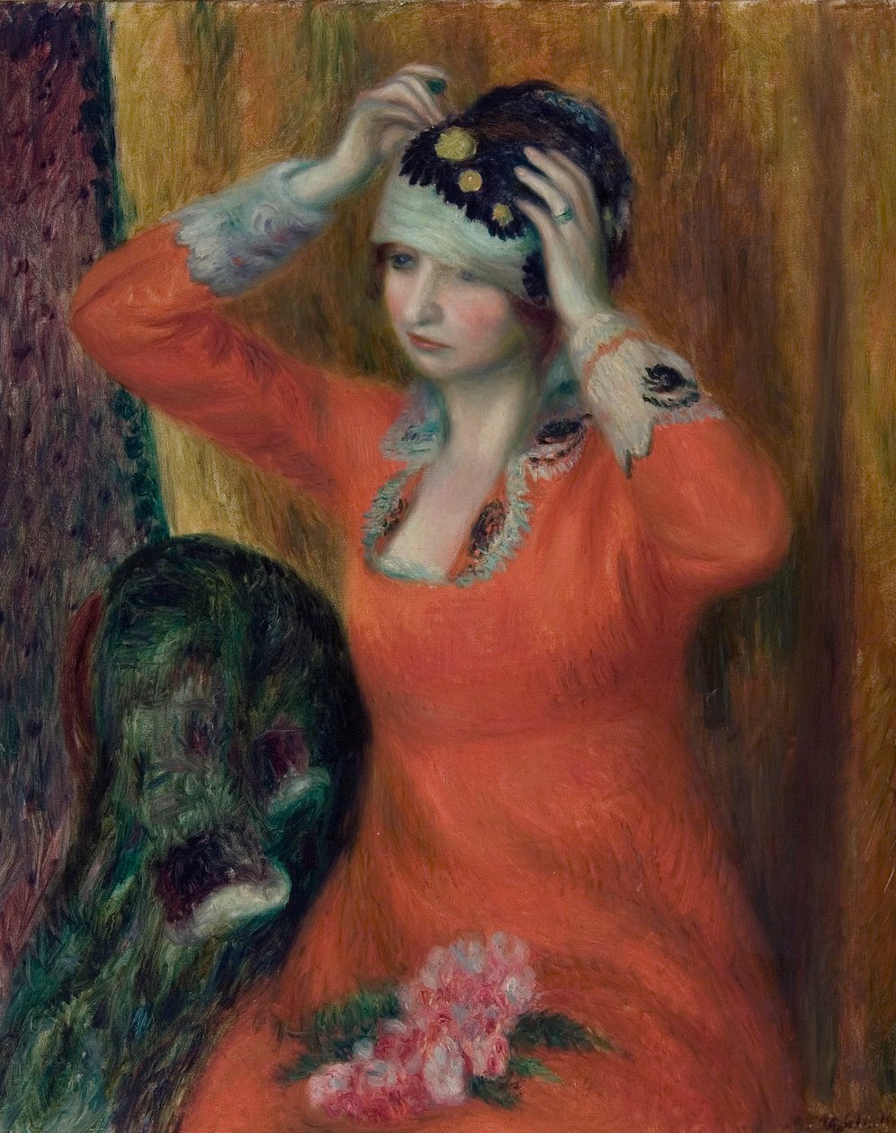 Kırmızı elbiseli kız şapkaya iğneleme by William James Glackens