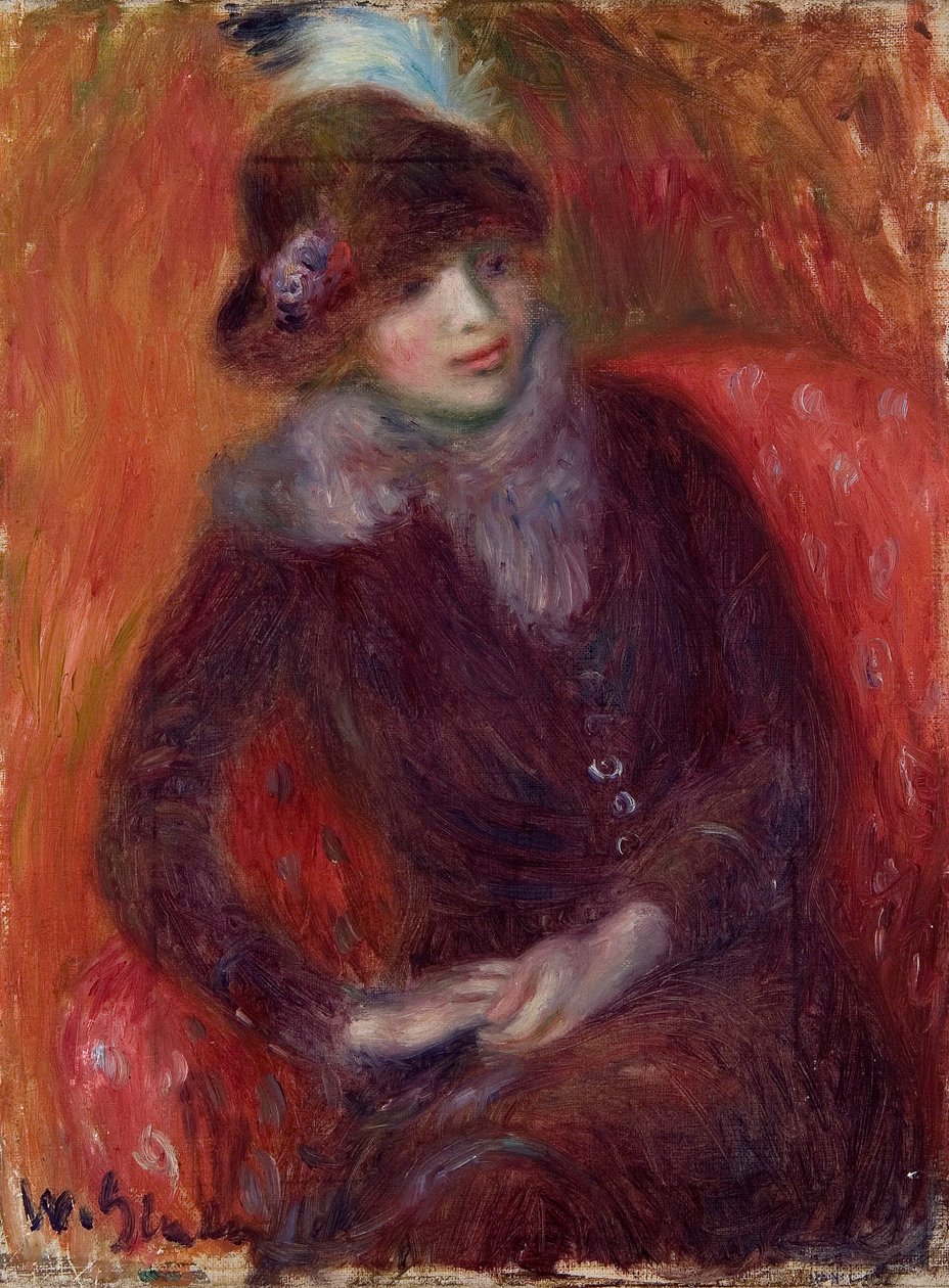 Kürk Boyunluk ve Kırmızı Arka Plan Oturan Kadın by William James Glackens