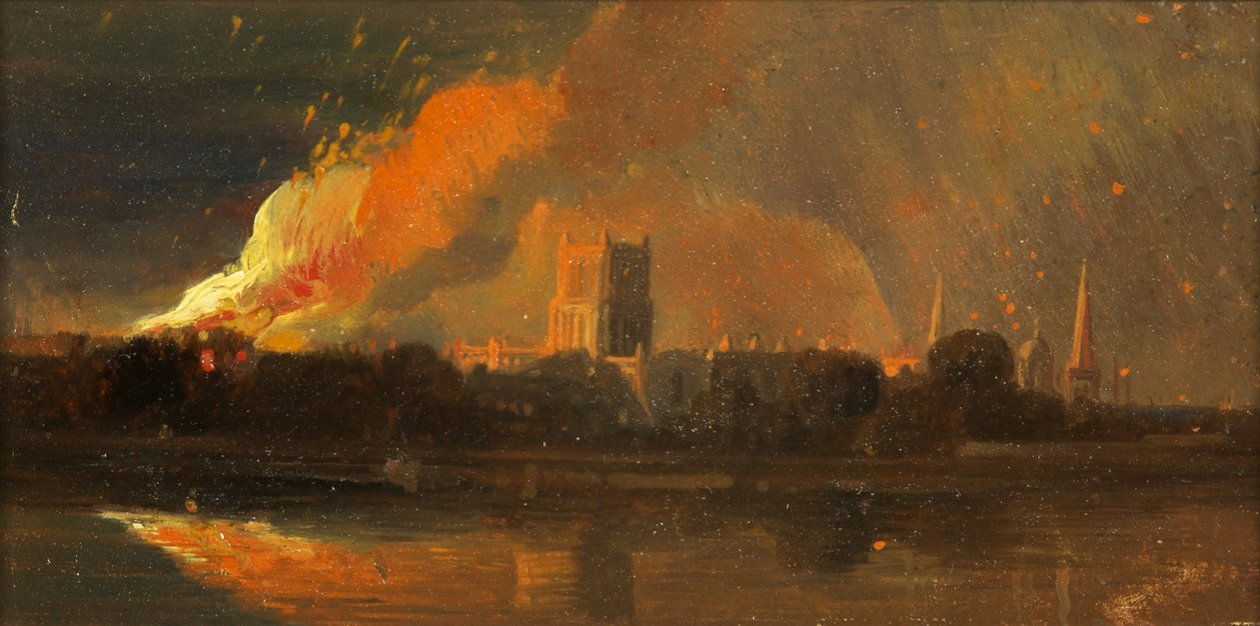 Bristol İsyanları: Piskoposluk Sarayının Yakılması, 1831 dolayları (kağıt üzerinde yağlı boya) by William James Muller