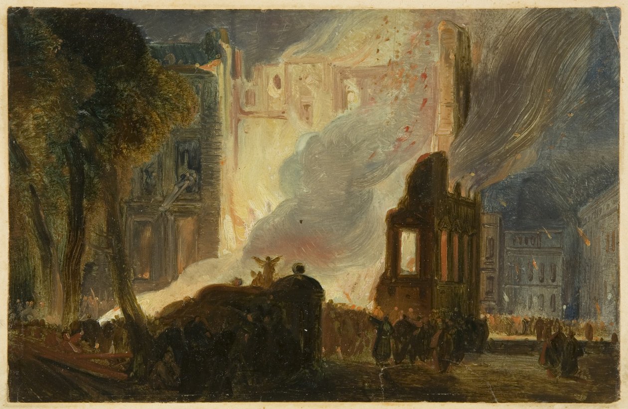 Bristol İsyanları: Köşkün Yakılması, Kraliçe Meydanı, 1831 dolayları (kağıt üzerinde yağlı boya) by William James Muller