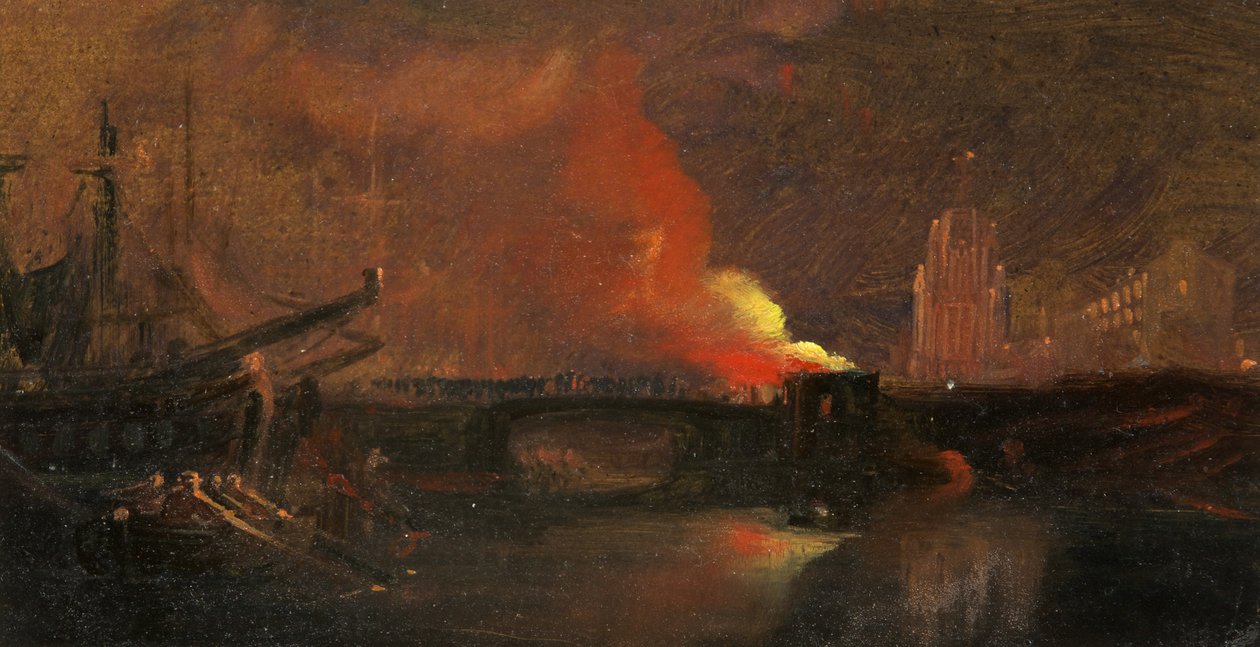 Bristol Riots: The Burning of the Toll-Houses on Prince Street Bridge with St Mary Redcliffe, c.1831 (oil on paper) by William James Muller