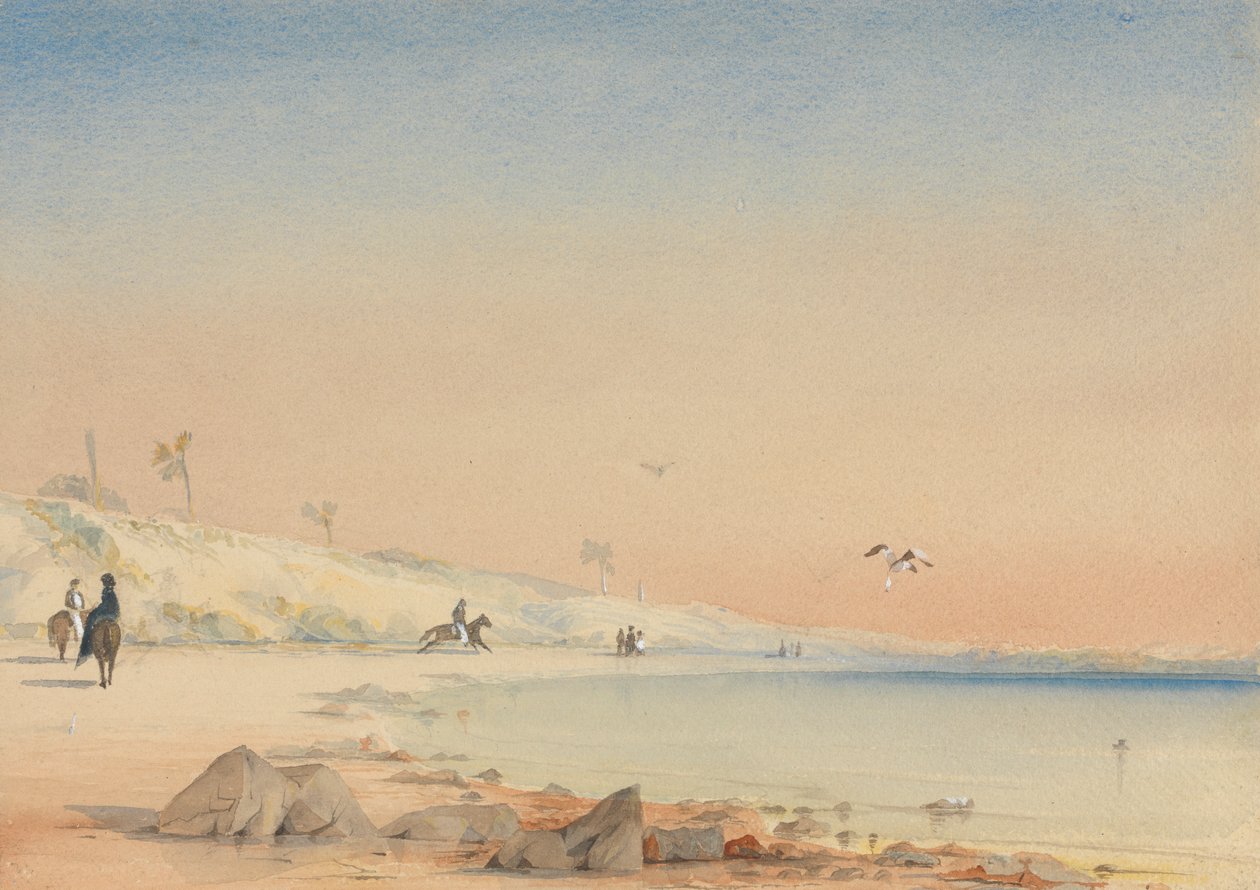 Gambiya - Cape St. Mary'de yürüyen ve ata binen figürlerin olduğu kumlu bir koy by William John Chamberlayne