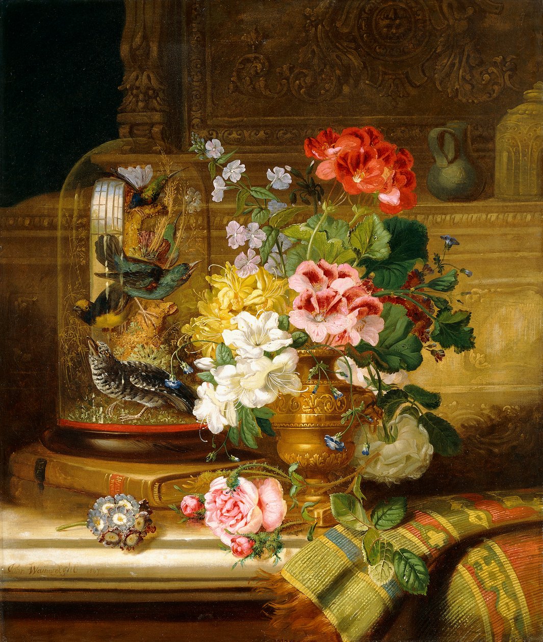 Bir Çıkıntıda Çeşitli Çiçekler ve Ötücü Kuşlardan Oluşan Bir Vazo, 1867 by William John Wainwright