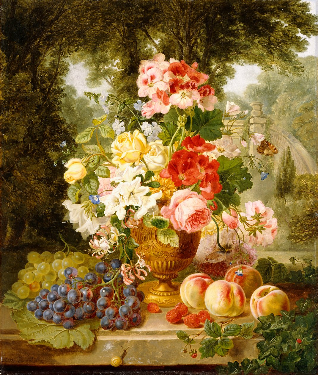 Bir Manzaradaki Çıkıntıda Yaz Çiçekleri ve Meyve Vazosu, 1867 by William John Wainwright