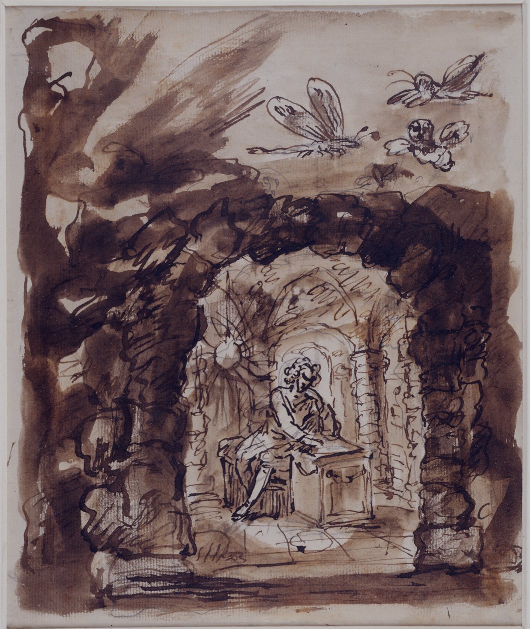 Alexander Pope mağarasında, c.1730 (Kağıt üzerinde kurşun kalem üzerine kahverengi astarlı kalem ve mürekkep) by William Kent