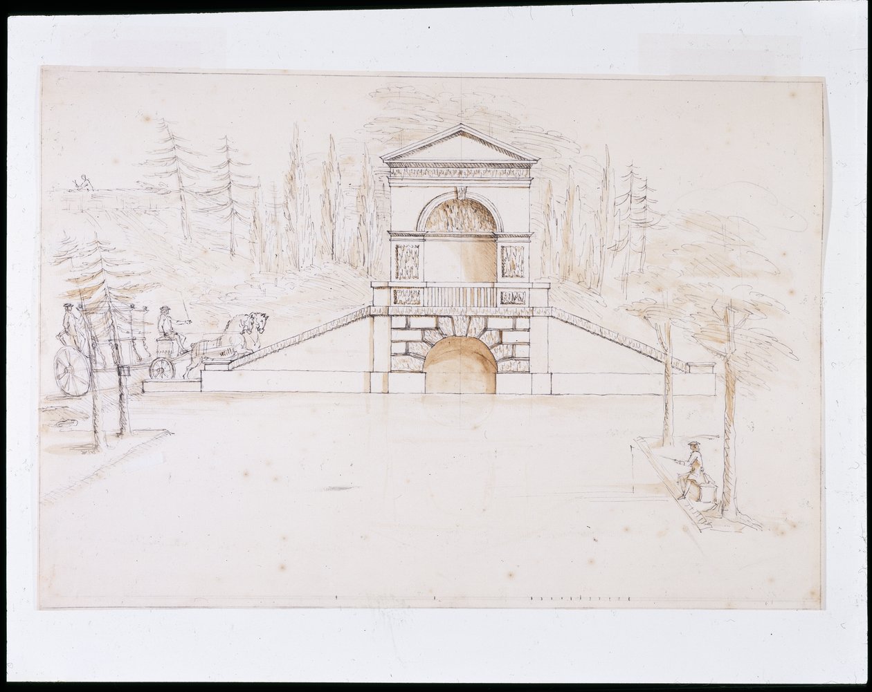 Chiswick, kanalın sonunda bir yol köprüsü ile birleştirilmiş alınlıklı bir şelale için tasarım (kalem ve mürekkep ve kağıt üzerinde yıkama) by William Kent