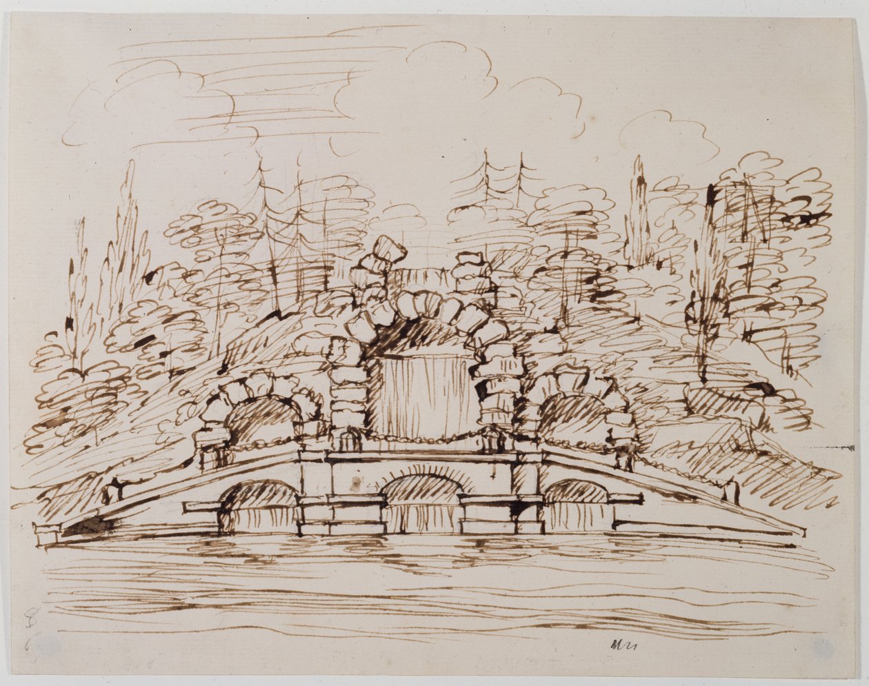 Chiswick, kaskad için inşa edilmiş tasarım (kağıt üzerinde kurşun kalem üzerine kalem ve mürekkep) by William Kent