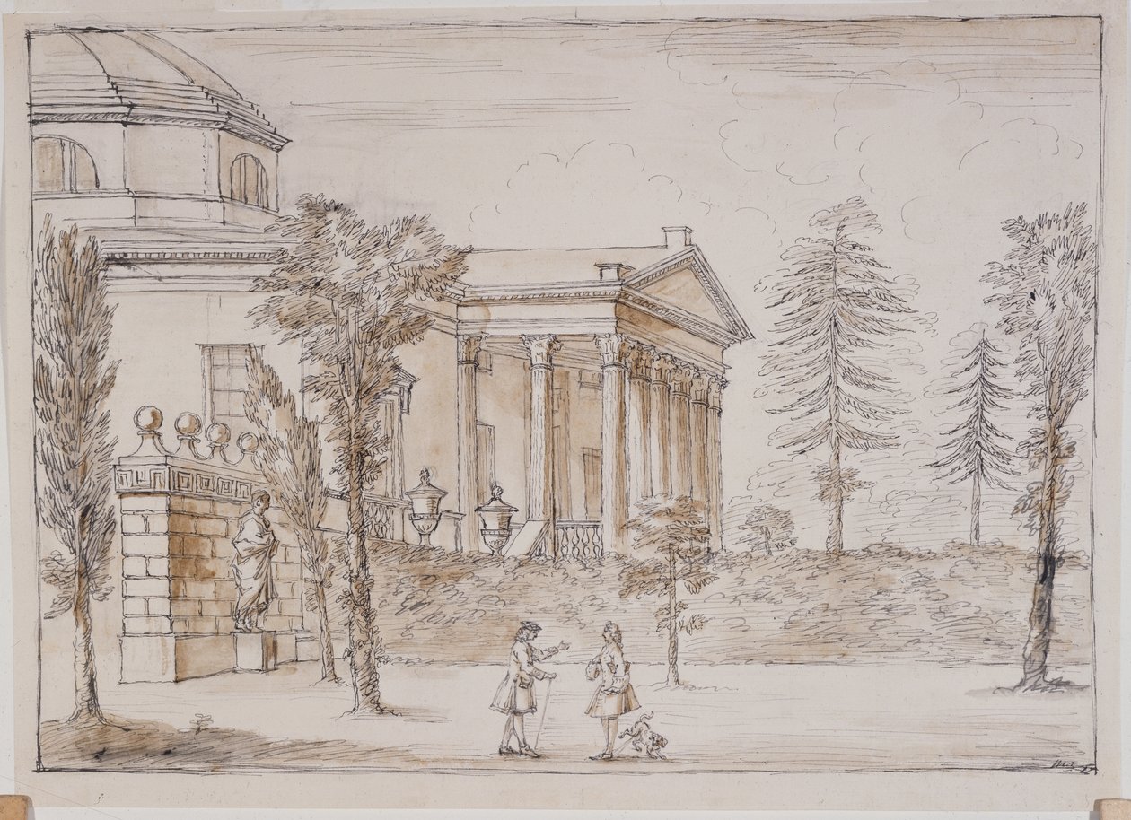 Chiswick, villanın Palladio heykeli tarafından görünümü (kalem ve mürekkep ve kurşun kalem üzerinde kağıt üzerinde yıkama) by William Kent