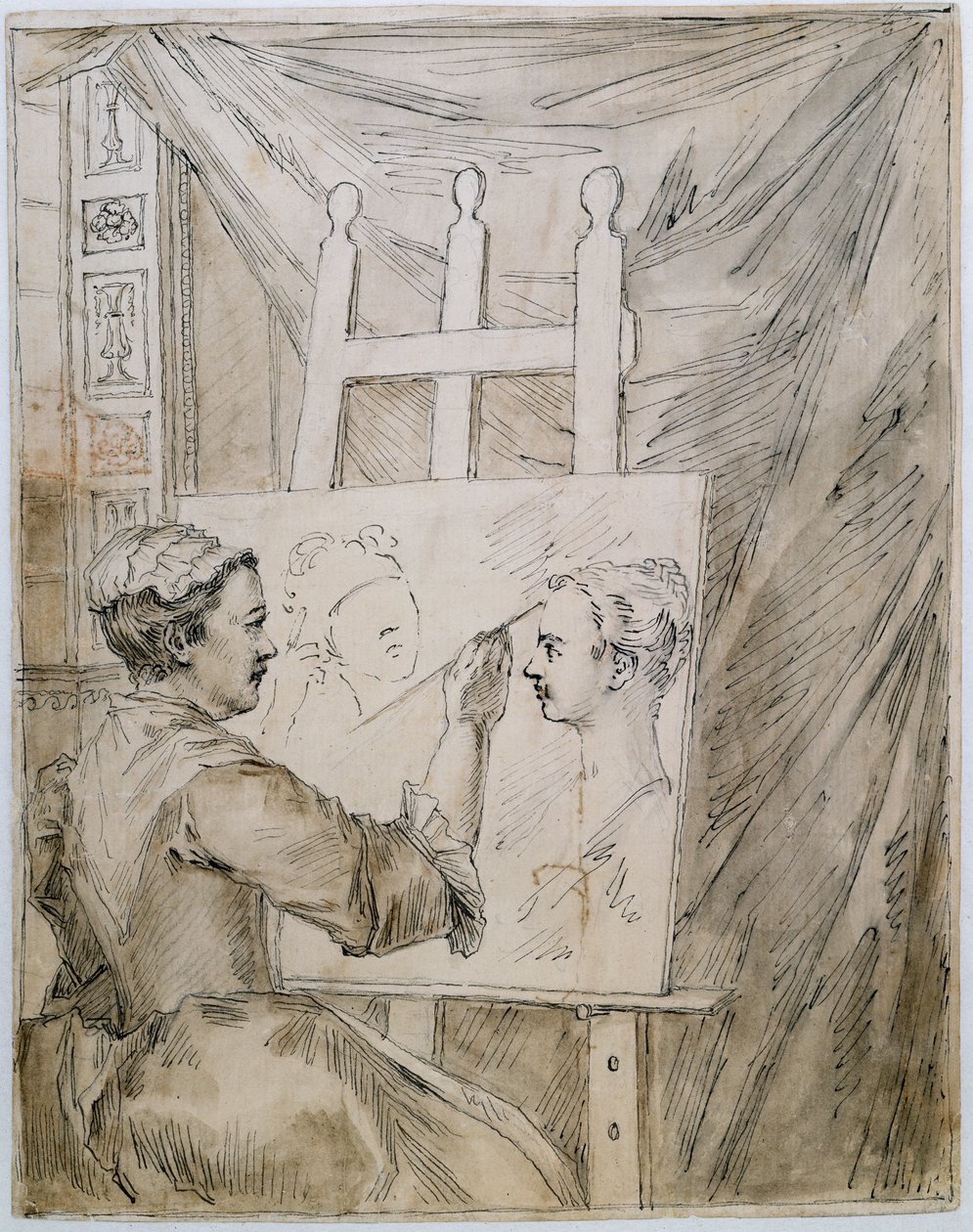 Lady Burlington, Bahçe Odasında şövalesinin başında (kağıt üzerinde kalem ve mürekkep ve kurşun kalem) by William Kent