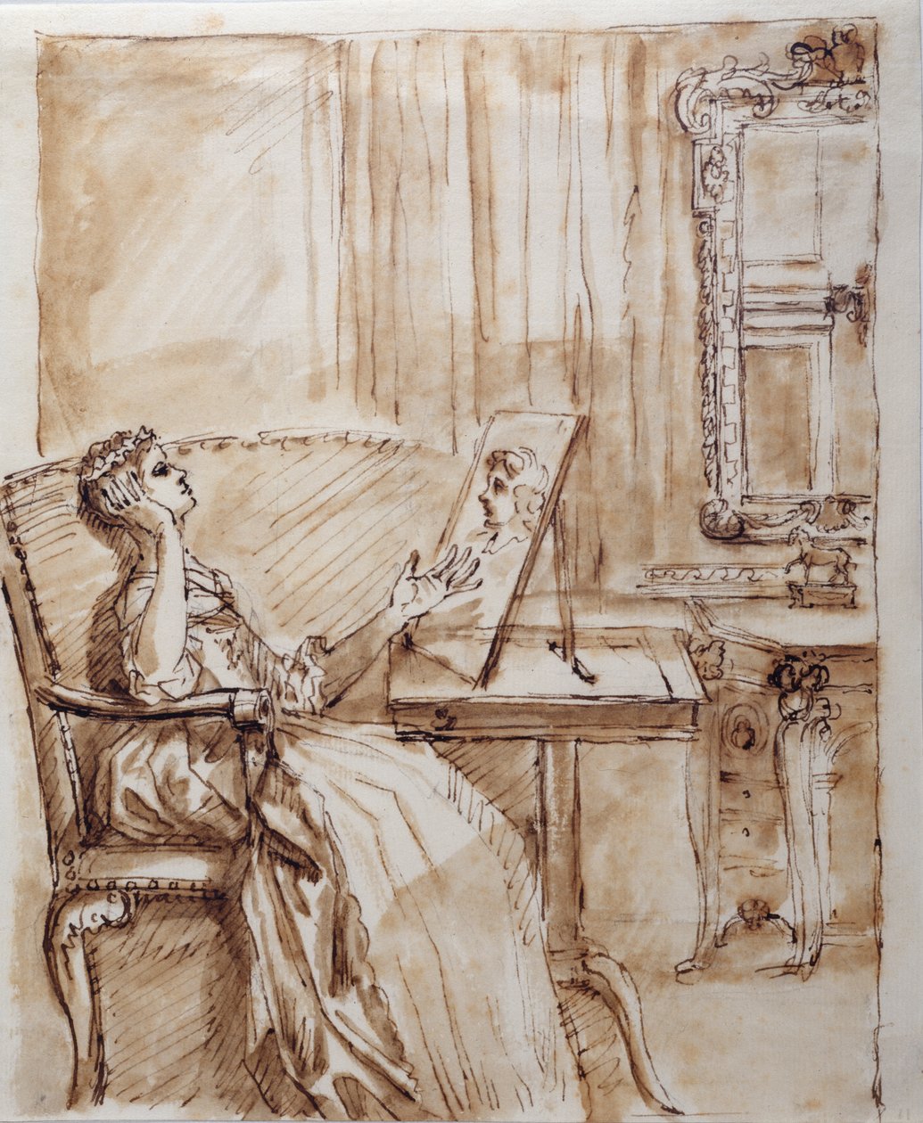 Lady Burlington, Bahçe Odasında oturan Yaşlı Ustanın (?) çizimine (kağıt üzerinde kalem ve mürekkep) hayranlıkla bakarken by William Kent