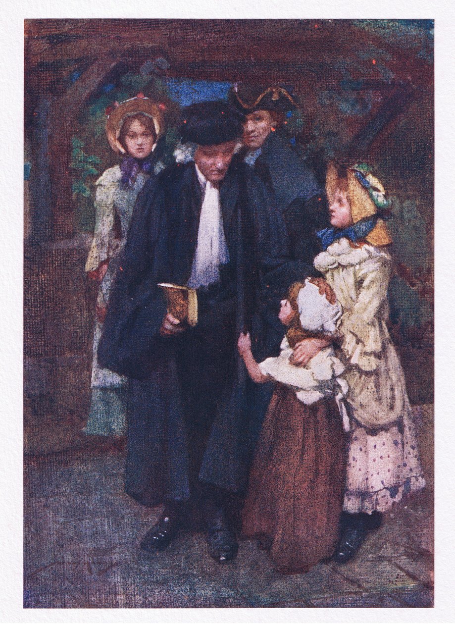 E'en çocuklar sevecen bir kurnazlıkla peşinden gittiler ve iyi adamın gülümsemesini paylaşmak için elbisesini aldılar (renkli litho) by William Lee Hankey