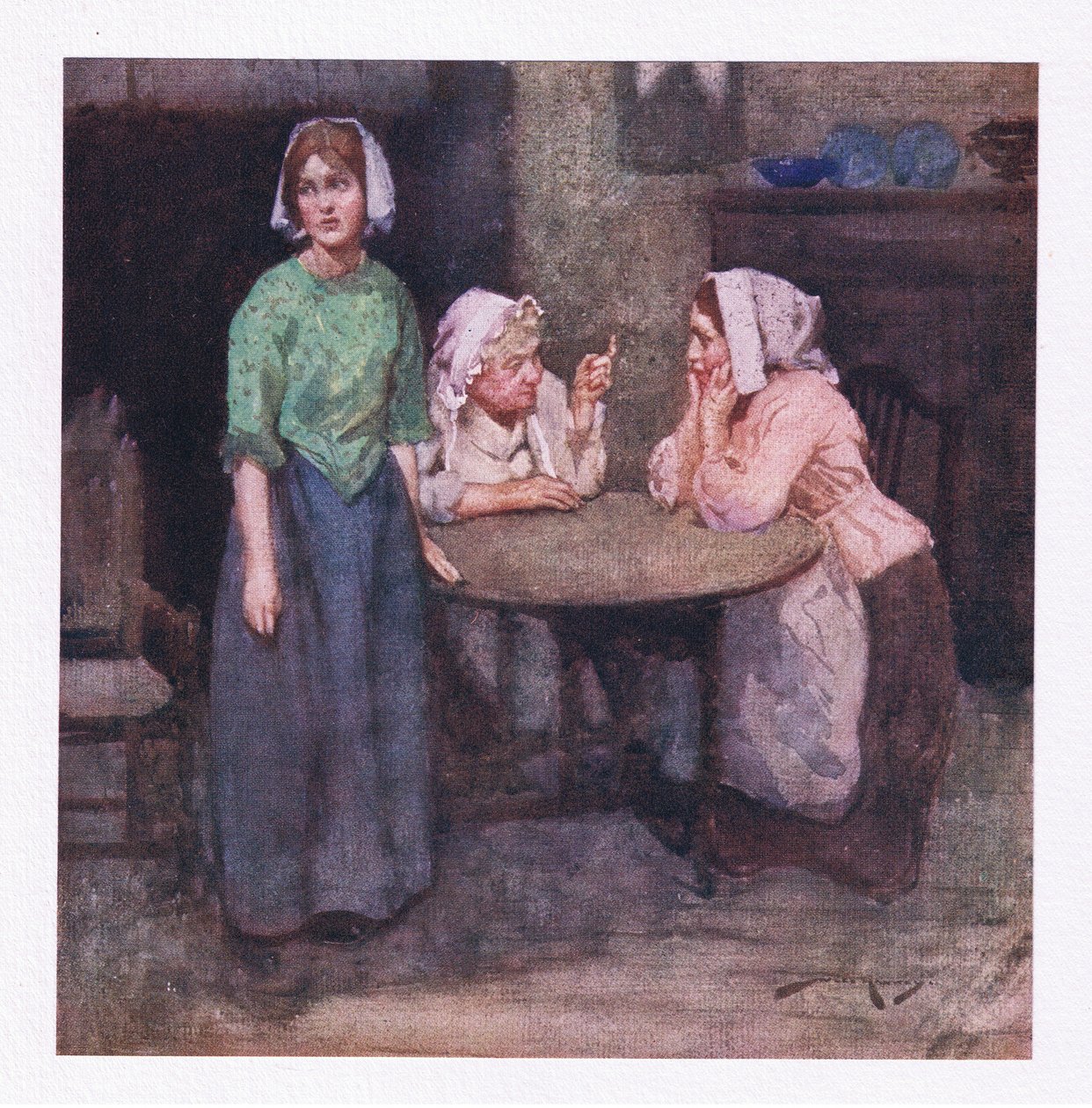 Bir keresinde, belki de bol bol kutsanmış köyde, sıkıntılı masumiyet hikayelerine ağladı (renkli litho) by William Lee Hankey