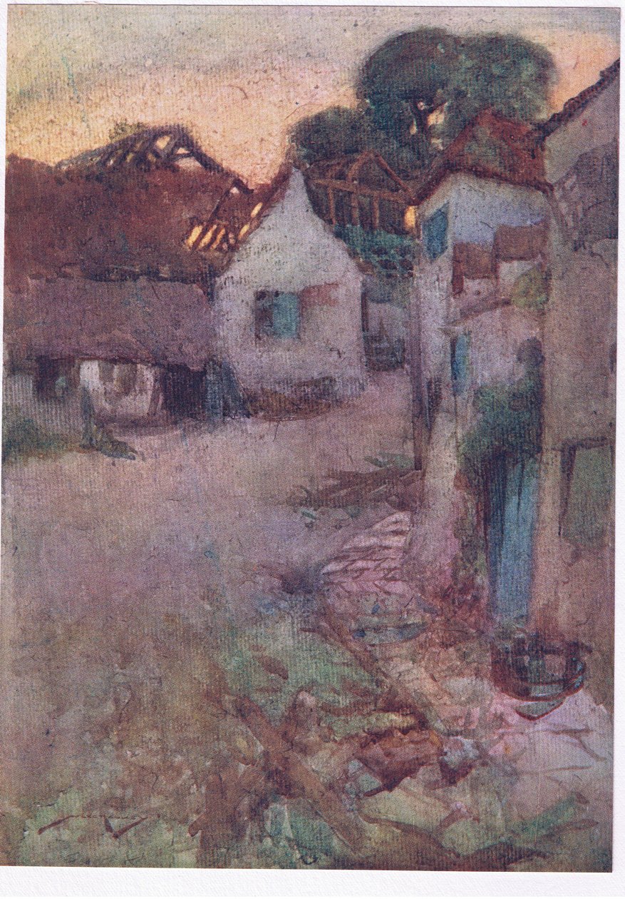 Çadırların çökmüş, hepsi biçimsiz bir harabe halinde ve uzun çimenler çürüyen duvarın üstünde (renkli litho) by William Lee Hankey