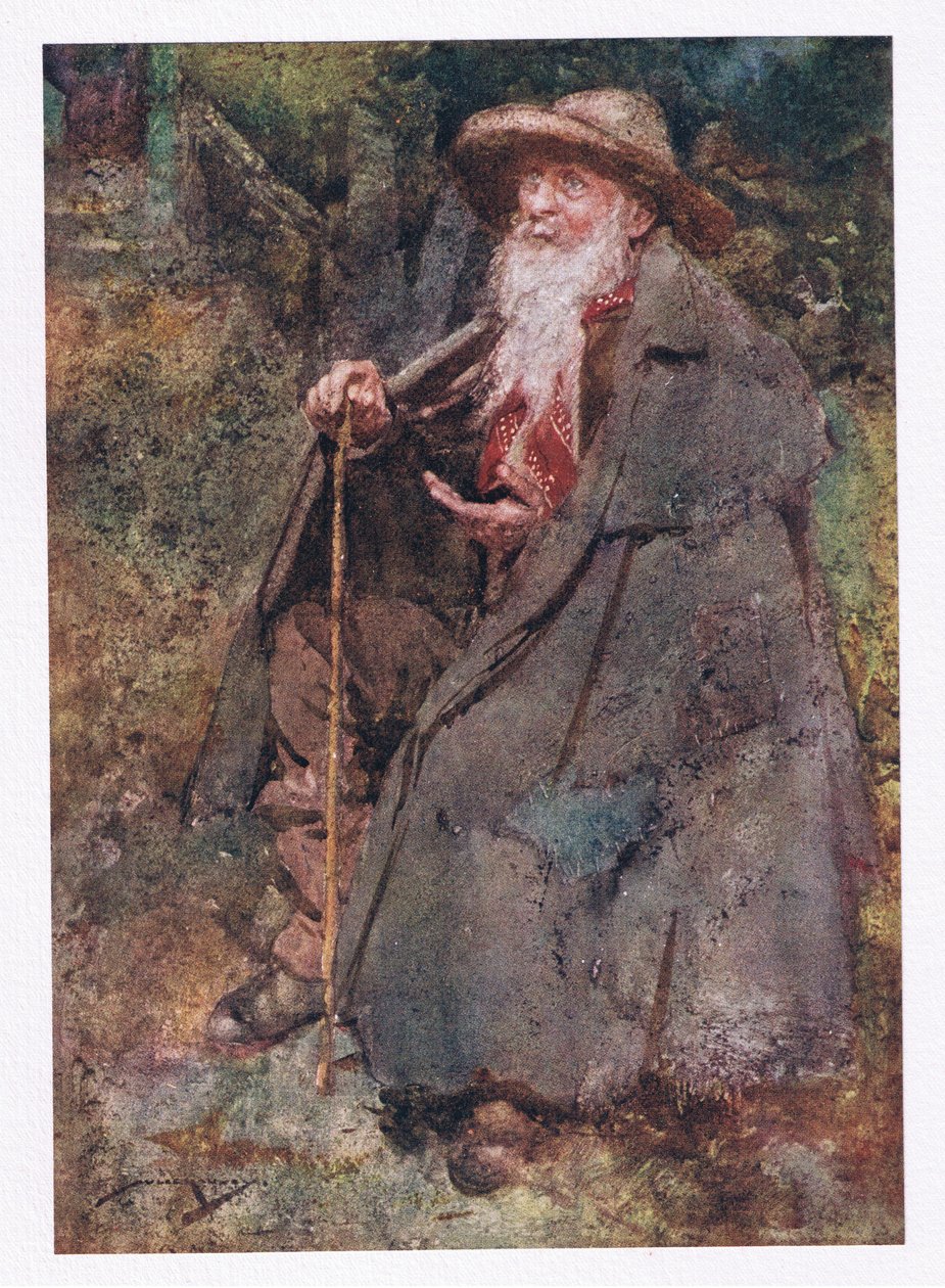 Uzun zamandır hatırlanan dilenci, sakalı yaşlı göğsünü süpüren (renkli litho) konuğuydu. by William Lee Hankey