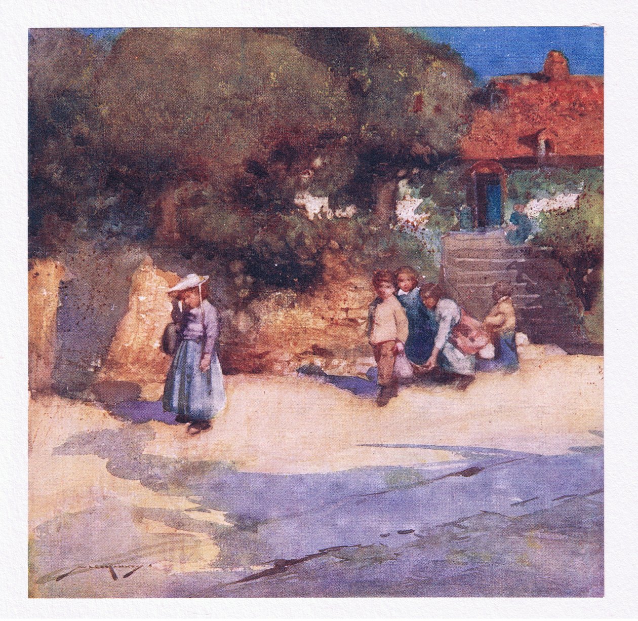 Oynak çocuklar okuldan salıverildi (renkli lito) by William Lee Hankey