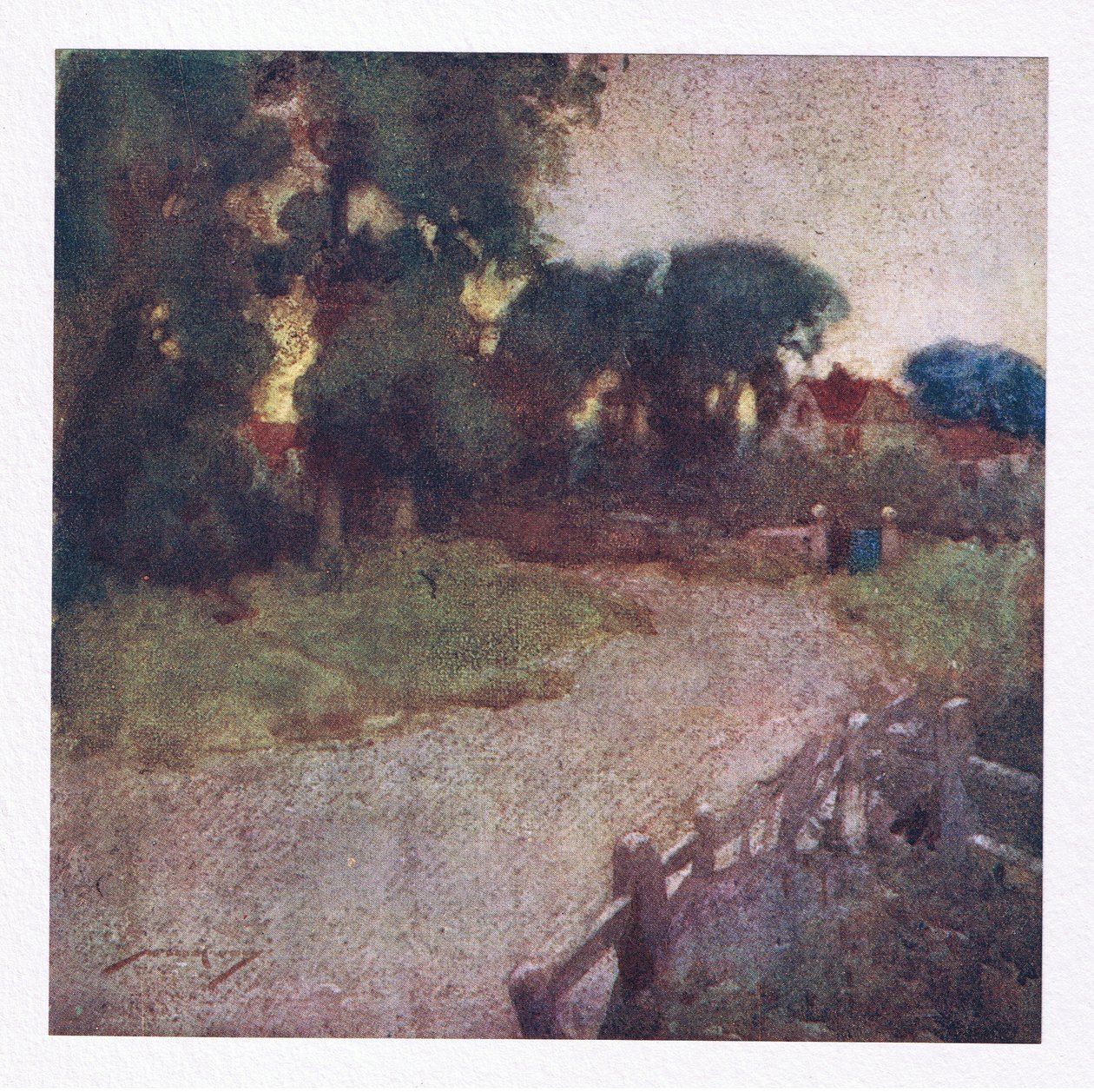 Orada birkaç yırtık çalının ortaya çıktığı yerde, köyün vaizinin mütevazı konağı gül (renkli litho) by William Lee Hankey