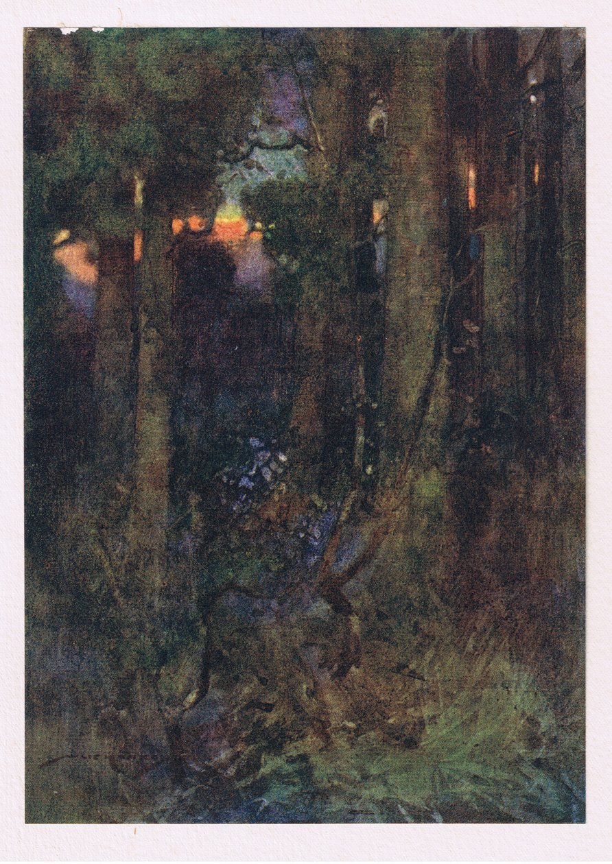 Kuşların şarkı söylemeyi unuttuğu ama sessiz yarasaların uykulu kümeler halinde tutunduğu o keçeleşmiş ormanlar (renkli litho) by William Lee Hankey