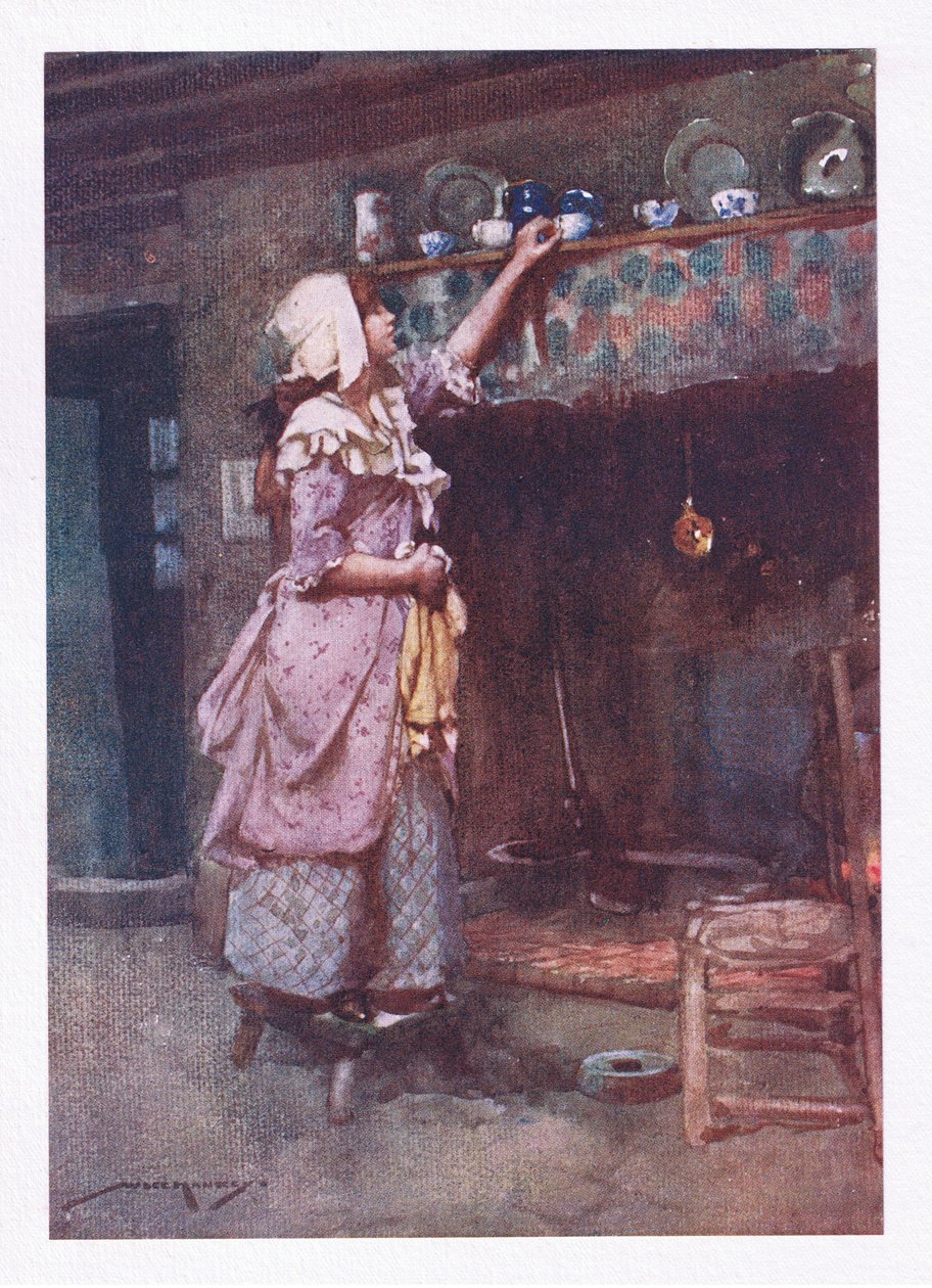 Hikmetle gösteri için saklanan kırık çay fincanları bacanın üzerinde sıra sıra parıldayarak dizilirken (renkli lito) by William Lee Hankey