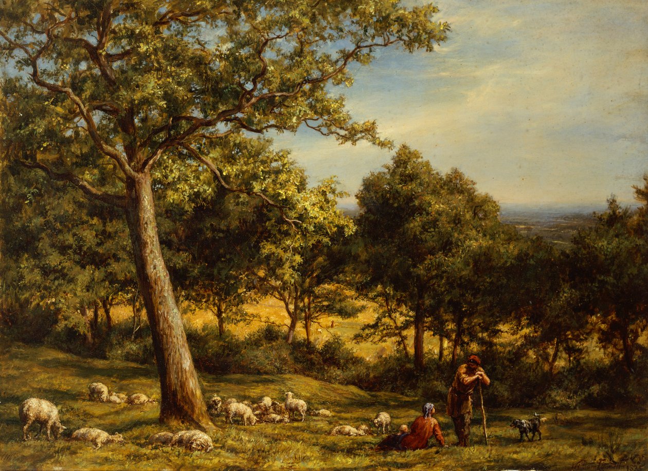 Güneşli Ormanlık Bir Peyzajda Bir Çoban ve Sürüsü by William Linnell