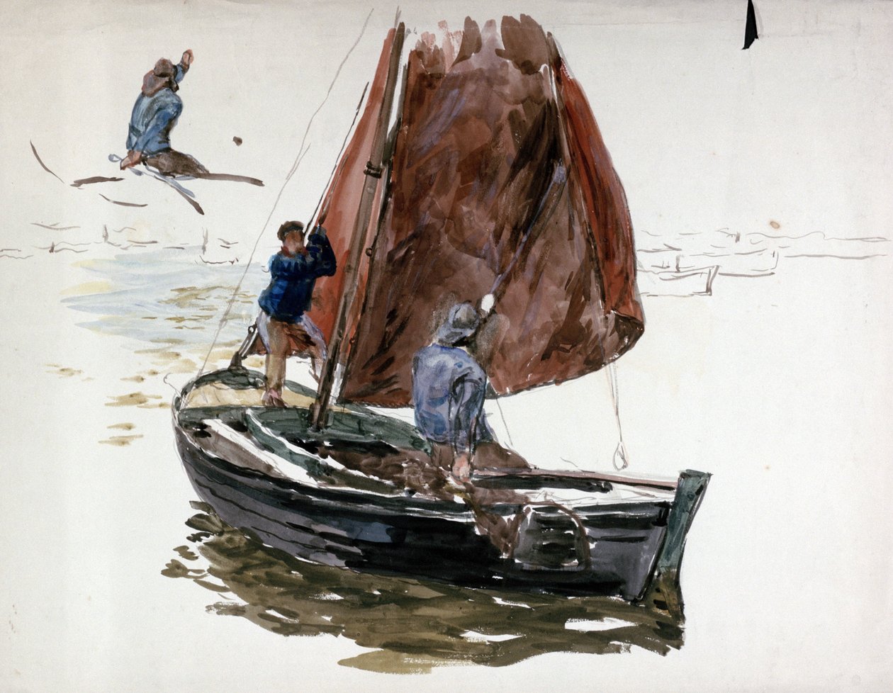 Küçük bir yelkenli teknede bir adam ve bir çocuk. Suluboya by William Lionel Wyllie