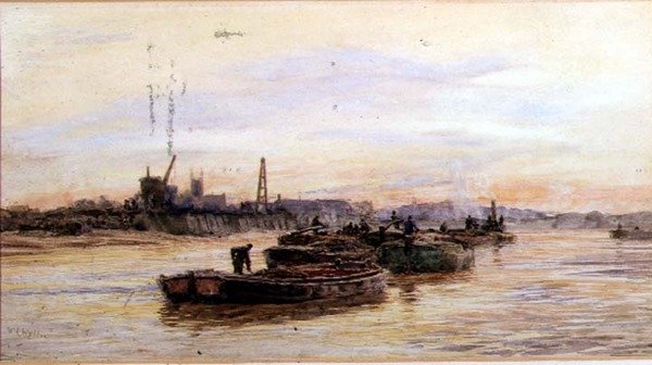Gün batımında mavnalar (suluboya) by William Lionel Wyllie