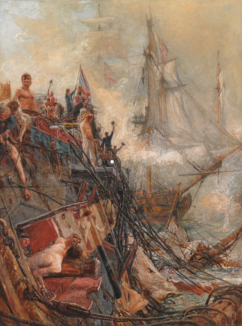 "Sakat Ama Yenilmemiş": HMS 'Belleisle', Trafalgar'da, 21 Ekim 1805 (tuval üzerine yağlı boya) by William Lionel Wyllie